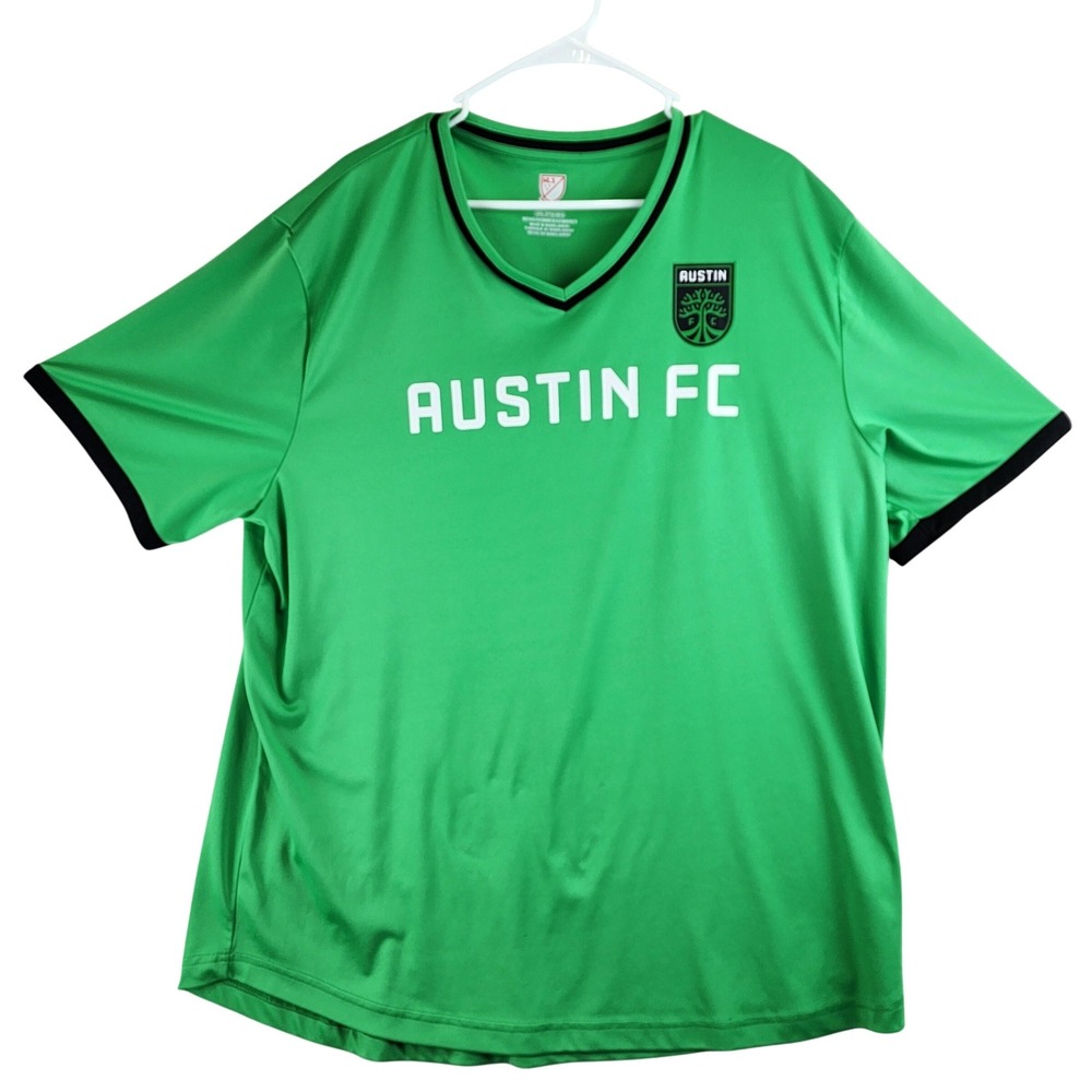 Austin FC Soccer MLS Jersey Mens 2XL Green V-Neck Short Sleeve Athletic Tee